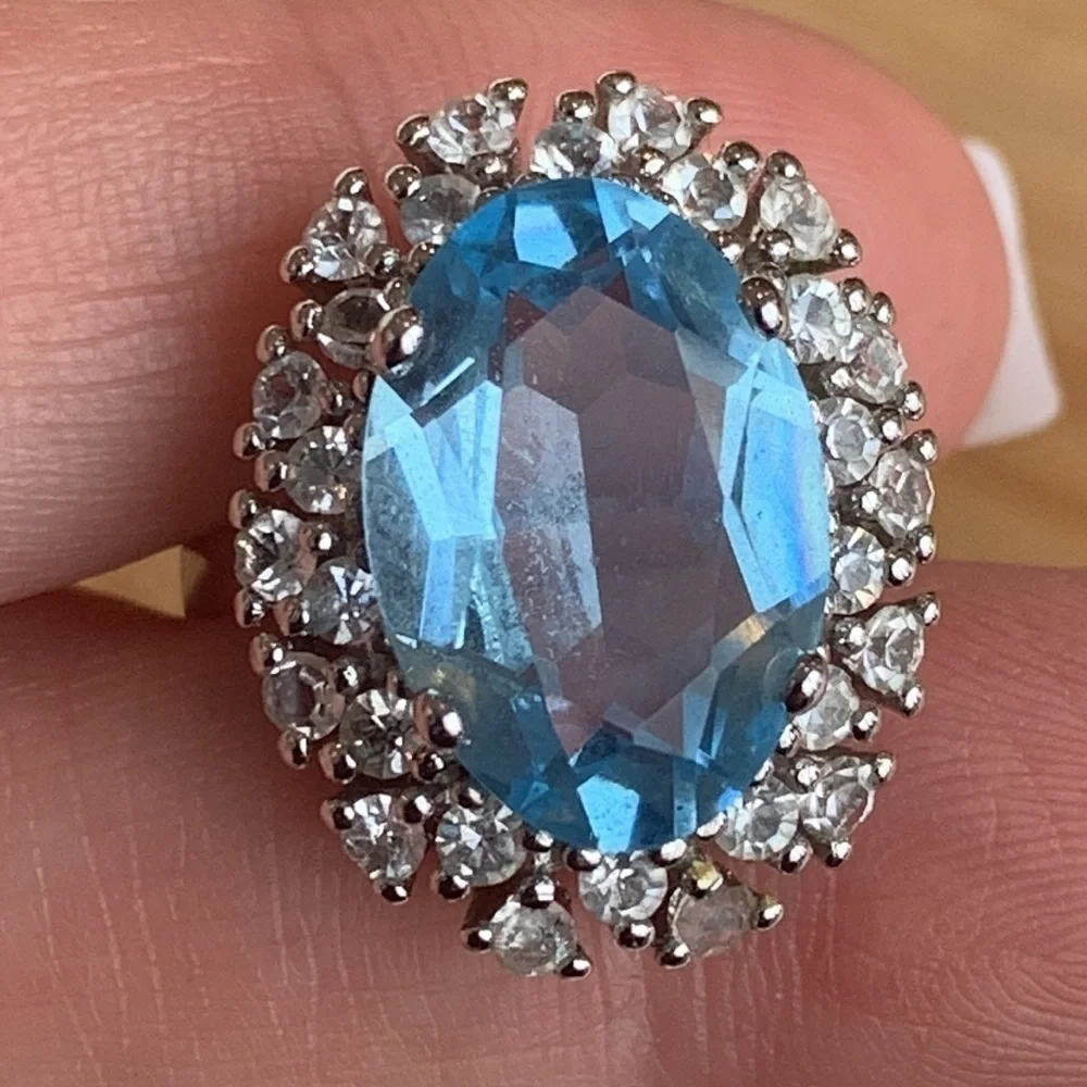 Statement Simulated Crystal Diamond & Blue Stone Marked “925 Spain” Ring